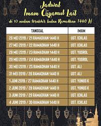 Sepuluh hari terakhir juga adalah penutup bulan ramadhan, sementara setiap amalan itu tergantung dengan penutupnya. Jadwal Imam Qiyamulail 10 Masjid Abdullah Permata Jingga Facebook
