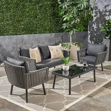 Noble House Burke Black 4 Piece Metal Patio Conversation Set With Black Cushions 42160 The Home Depot Conversation Set Patio Outdoor Sofa Sets Furniture