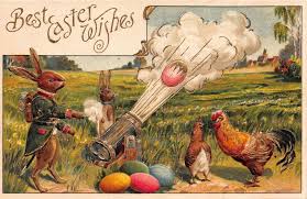 Easter Postcard Dressed Bunny Rabbits Shooting Colored Eggs From Cannon 114731 Otkrytki Vintazh Pasha