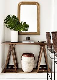 Dark Wood Console Table Basket Under Console Table Antique Gold Mirror Large Fig Leaves Becca Interio Console Table Decorating Decor Wood Console Table