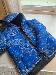 Black And Yellow Bandana Jacket Blue Bandana Puffer Jacket Puffer Jackets Denim Diy Jackets