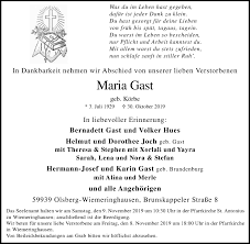 Traueranzeigen von Maria Gast