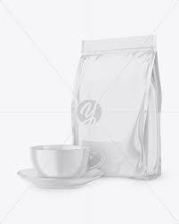 Glossy Stand Up Bag With Coffee Mug Mockup In Bag Sack Mockups On Yellow Images Object Mockups