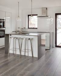 Grey Hardwood Floors Ideas Modern White Kitchen Design Stainless Steel Countertop Grey Hardwood Floors White Kitchen Interior Design Modern Wood Floors