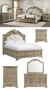 The Vincenza Upholstered Bed Features A Scalloped Headboard Framed With Intricate Wood Carvings And Cove Bedroom Furniture Sets Bedroom Sets Bedroom Furniture