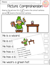 Free Picture Comprehension Cards And Worksheets There Are 4 Cards And 4 Worksheets Of Picture Comprehe Picture Comprehension Teacher Help First Grade Freebies