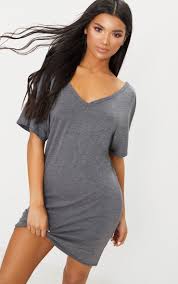 Basic Charcoal V Neck T Shirt Dress In 2020 Shirt Dress T Shirt Dress Women Dress Online