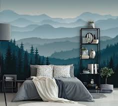 Removable Peel N Stick Wallpaper Self Adhesive Wall Mural 3d Mountain Mural Wallpaper Nursery Ombre Blue Mountain Pine Forest Trees Wall Decor Bedroom Mountain Mural Bedroom Murals