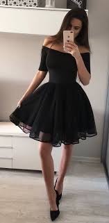 Simple A Line Off The Shoulder Short Sleeves Black Short Homecoming Dresses Cute Black Long Sleeve Homecoming Dresses Black Short Dress Black Homecoming Dress
