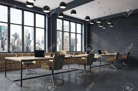 A black room is part of a communication center (e.g. Conference Room Corner With Black Brick Walls A Concrete Floor Stock Photo Picture And Royalty Free Image Image 92872479