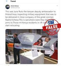 Foreign affairs cabinet secretary ambassador monica juma has revealed the top diplomatic job deputy president william ruto's daughter, june holds. Fact Check Did June Ruto Meet Echesa In Poland As Part Of The Fake Military Arms Deal