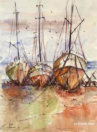 water painting by artist chawki dalal lebanon من مراكب الصيادين على شواطئ الكويت بريشة شوقي دلال لبنان ألوان مائية على كونسون art sailing ships sailing