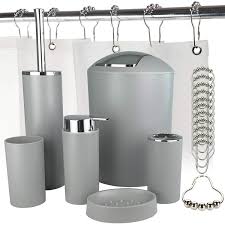 For one thing, chrome bathroom accents are easy to coordinate with one another, as almost every. Bathroom Accessories Set With Shower Curtain Liner And 12 Chrome Shower Curtain Rings 6 Pc Plastic Set Toothbrush Holder Rinse Cup Liquid Soap Dispenser Soap Dish Toilet Brush And Trash Can Buy