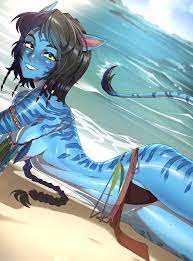 minicop2001, kiri (avatar), avatar: the way of water, james cameron's  avatar, commentary, english commentary, highres, paid reward available,  1girl, alien, alternate breast size, beach, black hair, blue skin, blue  tail, braid, breasts,