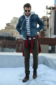 Men S Blue Denim Jacket White And Navy Horizontal Striped Hoodie Red And Black Gingham Long Sleeve Shirt Olive Chinos Mens Fashion Denim Mens Fashion White Mens Fashion Chinos