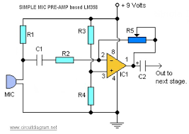 High gain low noise low distortion microphone preamplifier. Simple Mic Pre Amp Based Lm358 Electronic Schematic Diagram