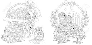 These simple bunny coloring pages for kids are precious! Easter Bunny And Newborn Baby Chickens Easter Coloring Page Royalty Free Cliparts Vectors And Stock Illustration Image 98018413