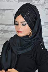Aise Tesettur Siyah Payet Detayli Hazir Abiye Sal Moda Sal Payet