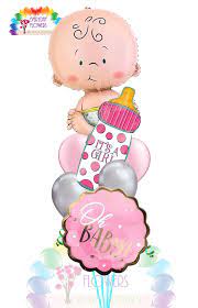 Send new baby flowers from roses & more florist for delivery in the dallas, tx area. New Baby Girl With Bottle Balloon Arrangement