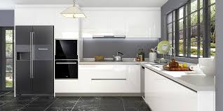 How to clean kitchen cabinet exteriors. L Shaped White Laminate Kitchen Cabinet Op18 Hpl03 Oppein The Largest Cabinetry Manufacturer In Asia