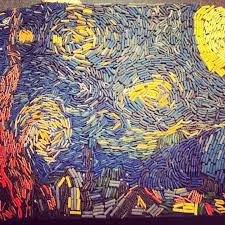 Mosaic Of Starry Night Made With Pasta Noodles Colored With Water Colored It Is Mod Podged On Card Board Our Pre School Clas Van Gogh Art Lesson Art Art Show