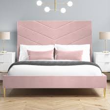 Reign twin performance velvet platform bed frame in pink. Pink Velvet Double Bed Frame With Chevron Headboard Aaliyah Furniture123