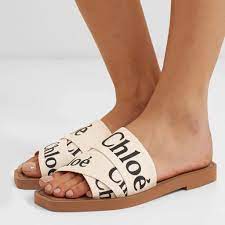 New Chloe Woody Logo Print Canvas Slides Sandals Chloe Sandals Chloe Shoes Slip On Sandal