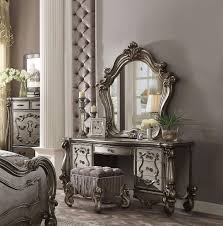 3 Piece Acme Versailles Antique Platinum Vanity Mirror With Stool Usa Furniture Warehouse Traditional Bedroom Sets Traditional Bedroom Decor