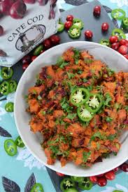 Warm Cranberry Jalapeno Sweet Potato Salad Recipe Salad With Sweet Potato Oven Roasted Sweet Potatoes Potato Salad