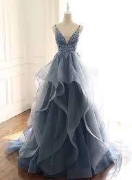 Blue Gray Tulle V Neck Long Ruffles Prom Dress Lace Evening Dress From Sweetheart Dress Ruffle Prom Dress Lace Evening Dresses Prom Dresses Lace