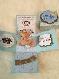 Trim gift bag or box, with a strand of festive garland, sequence, or even boa feathers. 10 Exploding Box Babyshower Boy Invitation Teddy Bear As A Prince Wearing A Crown And Holding A Blankie Baby Shower Card Box Baby Shower Box Box Invitations