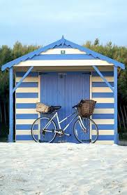 I Want To Build A Simple Garden Shed Like This For Our Lawn Mower And Bikes Probable Just Solid White No Stripes But Beach Shack Beach Hut Beach Cottages