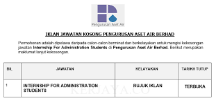 Pengurusan aset air berhad engages in developing and managing water infrastructure assets. Jawatan Kosong Terkini Pengurusan Aset Air Berhad Intership For Administration Students Kerja Kosong Kerajaan Swasta