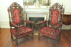 Pair Of Large Ornate Antique Carved French Renaissance Hunt Chairs C 1880 Ebay Walnut Living Room Arm Chairs Living Room Carved Chairs
