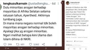 Ustad tengku zulkarnain merasa proses hukum dan penahanan terhadap habib rizieq shihab karena kasus pelanggaran protokol kesehatan, sangat tidak adil. Tanggapi Abu Janda Tengku Zul Dimana Provokasinya Cuitan Saya Suara Bekaci