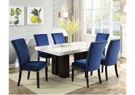 For a modern vibe that instantly intrigues, pair your dining room table with chairs of a different color. Cam White Marble Dining Room Set With 6 Blue Chairs Cam White Marble Dining Room Set With 6 Blue Chairs Sale 1099 00 Dimension