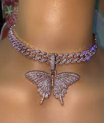 Pink Butterfly Cuban Choker Chain Necklace Blinged Iced Etsy Girly Jewelry Butterfly Necklace Rhinestone Fashion