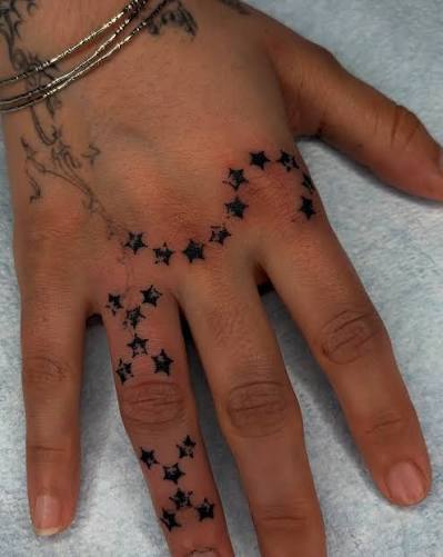 Constellation for Zeynep Challenging, but playful knuckle frame + finger ornament. Thank you for your trust, can't wait to see how this one heals. More hand constellations please!