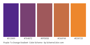In the rgb color model, spiced orange with hex code #e6652d comprises 90.2% red, 39.61% green, and 17.65% blue. Purple To Orange Gradient Color Scheme Orange Schemecolor Com