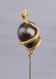 18kt Gold And Baroque Pearl Hat Pin Designed As A Serpent Coiling Around A Large Black Baroque Pearl With Cabochon Ruby Baroque Pearls Hat Pins Antique Hats