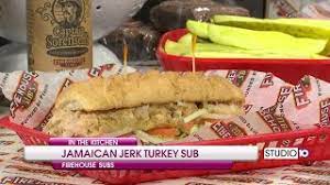Smoked turkey breast topped with jamaican jerk seasoning, pepper jack cheese, mayo, lettuce, tomato, onion, and jamaican jerk sweet mustard sauce on a toasted sub roll. Jamaican Jerk Turkey Sub Youtube