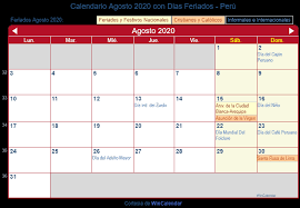 Encuentre aquí el calendario mensual para el calendario agosto 2020, este incluye los numerous de semana. Calendario Agosto 2020 Para Imprimir Peru