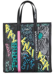 Balenciaga Bazar Graffiti Medium Printed Textured Leather Tote In Black Modesens Leather Shopper Bag Leather Tote Bag Balenciaga Tote