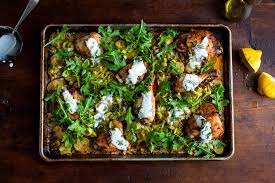 Sheet Pan Chicken With Potatoes Arugula And Garlic Yogurt Recipe Recipe Roasted Chicken And Potatoes Chicken Recipes Chicken Potatoes