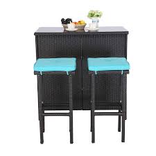 Do4u 3 Pieces Patio Bar Table Set All Weather Outdoor Wicker Bar With 2 Storage Shelves Glass Top Table Cushione In 2020 Patio Bar Table Bar Table Sets Glass Top Table