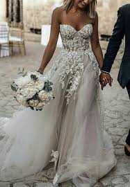 Lace Embroidery Sweetheart See Through Corset Tulle Wedding Dress Grey Wedding Dress Applique Wedding Dress Boho Bridal Dress