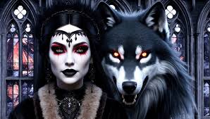 The Gothic Lady, The wolf and the castle: prompt: Beautiful hyperealistic  hyperdetailed image: a beautiful gothic lady stands