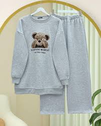 Ayıcık Baskılı Şardonlu 3 İplik Sweat Takım -Açık Gri | KaliteMall