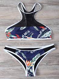 Voile Panel Tropical Print Bikini Set Blue S Tropical Print Bikinis Printed Bikini Sets Bikinis