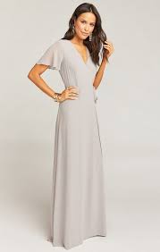 Noelle Flutter Sleeve Wrap Dress Dove Grey Chiffon Show Me Your Mumu Dresses Flutter Sleeve Dress Bridesmaid Dresses With Sleeves